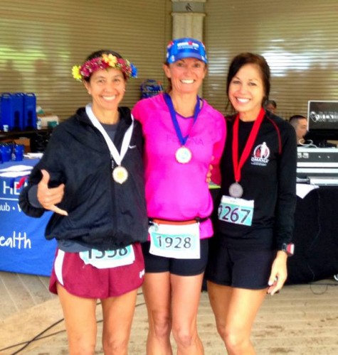 Just a few weeks before my birthday, I was the first of 98 women in the 55-59 age group to finish the Hawaii Pacific Health 10k.  I'm shown here with Connie Comiso-Fanelli and Jerelyn Brown. 